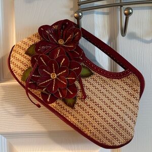 Isabella Fiore Dark Red Leather Floral & Woven Pattern Clutch Handbag